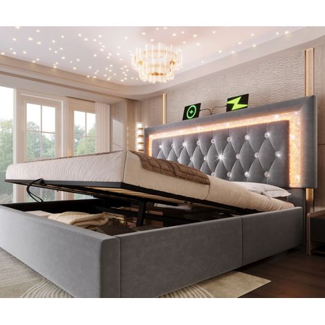 Letto a cassone adulti 140x200 cm con illuminazione LED, porte USB-Type-C, rete a doghe, senza fondo, senza materasso, grigio (1/5)