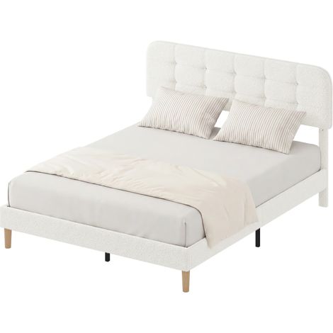 Cadre de lit 160x200cm avec sommier, tête de lit réglable, lit double rembourré en velours teddy, lattes en bois, blanc