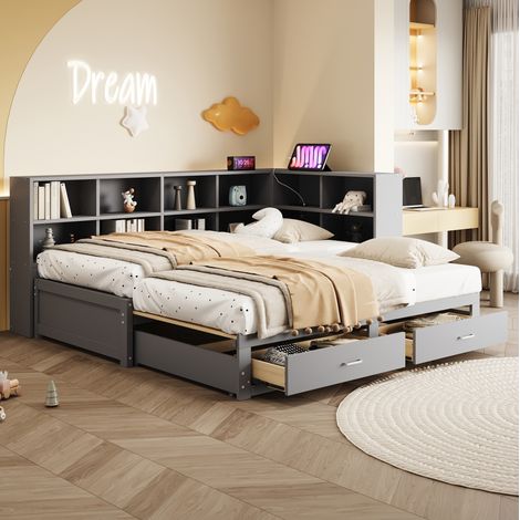 Lit multifonction en bois gris 90/180x190 cm avec rangement, tiroirs, sommier à lattes et prises (1/5)