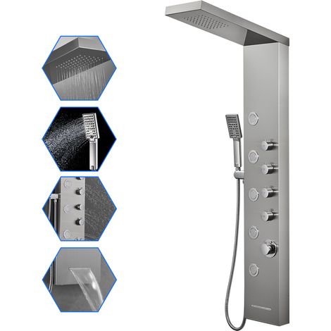 Rovogo – Colonne de douche hydromassante avec mitigeur – Panneau en acier inoxydable 304 – 5 jets massage – Douche à effet pluie – Montage mural (1/5)