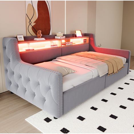 Lit coffre 90 x 200 cm avec LED, rangement hydraulique, prise et ports USB/Type-C, gris clair HAVRYA (1/5)