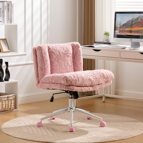 Sedia da ufficio 67.1 cm rosa in pelliccia sintetica girevole e regolabile con doppio cuscino (1/5)