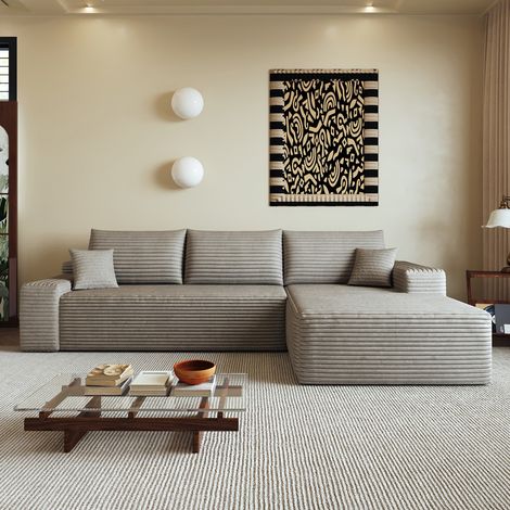 Canapé d'angle modulaire forme L avec méridienne, assise profonde, livré monté, compressible, tissu camel, salon appartement, 270x175x83 cm (1/5)