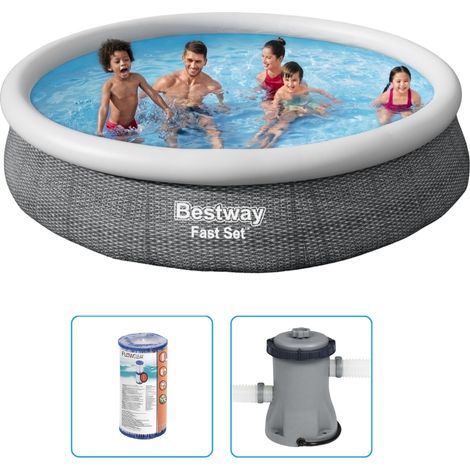 Piscine gonflable Bestway Fast Set - 366 x 76 cm - Imprimé rotin - Ronde - Avec pompe filtrante (1/5)