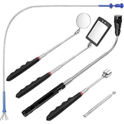 6Pcs Outil de Préhension Magnétique, 1.5/4/20lb Ramassage Aimanté et Miroir d'Inspection Carré/Rond, Avec LED lumineuse Poignée Télescopique Pivoter à 360°, Boîte Batterie Inclus - (1/5)