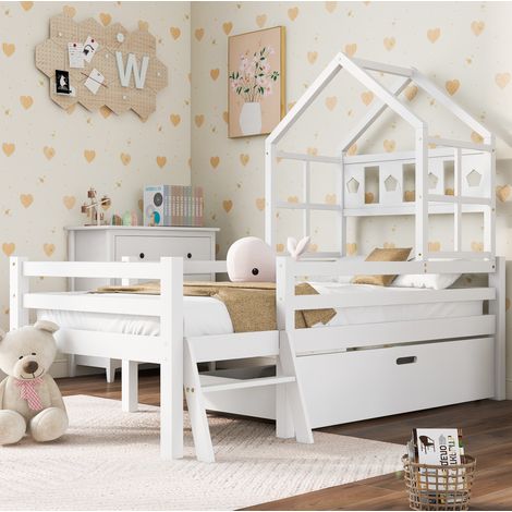 Cama alta 90x200 cm de madera blanca con cajón para niños, sin colchón -FLORAGRACE (1/5)