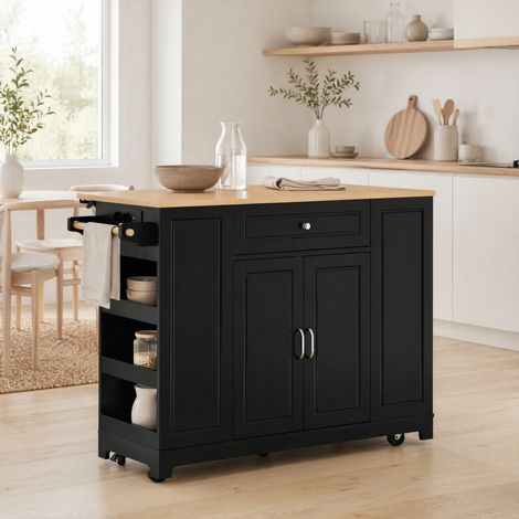 Isola cucina mobile con ruote, piano estensibile, cassetti e vano per bidone, MDF, nero (1/5)