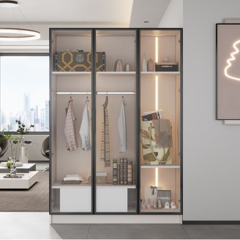 Weiße Kleiderschrank 110 x 50 x 160 cm mit 3 Glastüren, 1 Schublade, 1 Kleiderstange und LED HAVRYA (1/5)