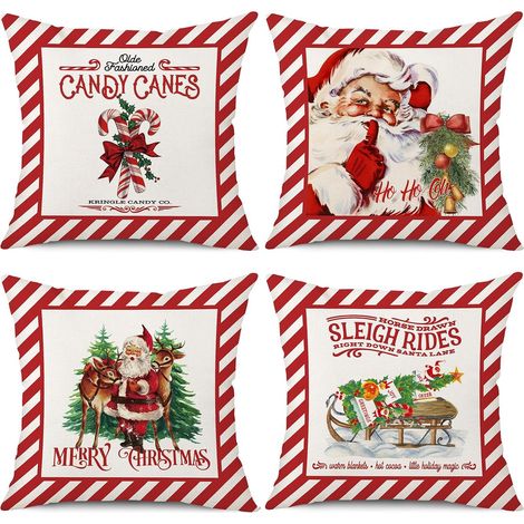 Fundas de cojín navideñas, 45x45 cm, juego de 4, con bastones de caramelo, renos, Papá Noel y paseos en trineo. Decoración de invierno. (1/5)