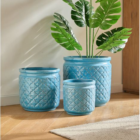 Set de 3 macetas de cerámica azul con motivos geométricos HAVRYA (1/5)