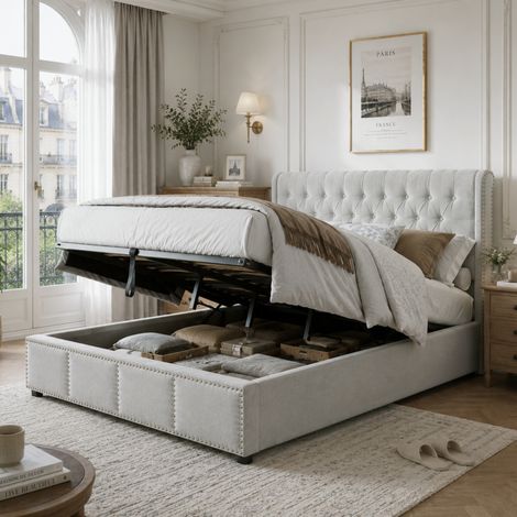 Cama tapizada 180x200 cm tejido gris claro con almacenaje, ahorra espacio, sin colchón – MEUBLIV (1/5)