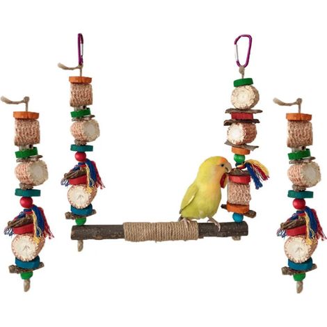Ensemble de 3 jouets pour perruches, comprenant des jouets à mâcher en bois naturel et en maïs, une balançoire pour oiseaux et 2 jouets à mâcher de rechange. (1/4)