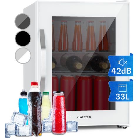Klarstein Getränkekühlschrank, Kühlschrank Klein mit 2 Ablagen, Minikühlschrank Lautlos für Büro Camping Outdoor, Mini-Kühlschrank mit Glastür, Mini Fridge 0-10°C, Bierkühlschrank 33L, Quartz
