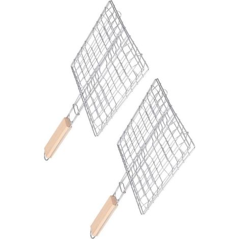 2 grilles de barbecue carrées en acier inoxydable avec poignées en bois. Accessoires pour barbecue et grillades en extérieur. (1/5)