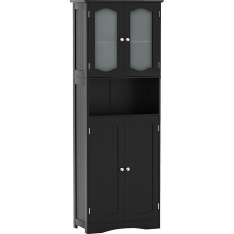GOPLUS Armoire de Rangement Haute, Meuble Rangement de Salle de Bain avec Portes en Verre Trempé, Etagères Réglables, 2/3 Compartiments Ouverts, pour Salle de Bain, Cuisine (60x30x164cm,Noir) (1/5)