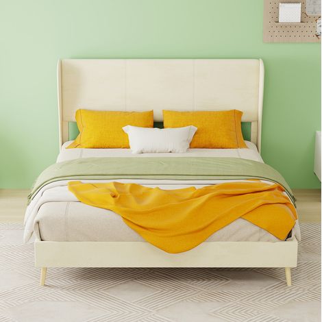 Letto imbottito in tessuto beige e metallo 140x200 cm, testiera imbottita, rete inclusa (1/5)