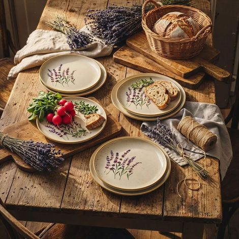 6-teiliges Speiseteller-Set, 24 cm, Wildblumenmuster, Lavendel, Keramik