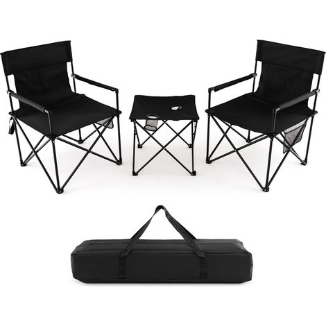 COSTWAY Campingstuhl faltbar, 2er Set Klappstuhl mit Campingtisch, Angelstuhl tragbar aus Metall bis 180kg Belastbar, Gartenstuhl für Camping, Picknick & Angeln, Schwarz (1/5)