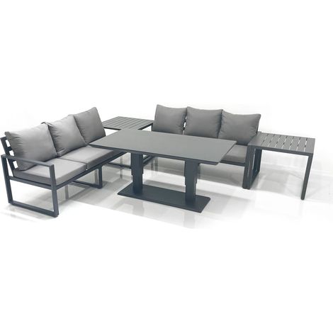 Fimous 6 Seater Aluminium Outdoor Garden Furniture Set with Adjustable Rising Lifting Dining Table 3 Seater Sofa 2 Side Tables Dark Grey