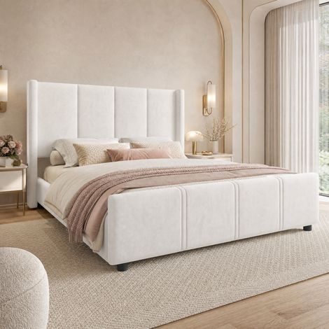 Cama tapizada 140 x 200 cm de terciopelo beige con USB, cabecero y pie altos DESVIAE (1/5)