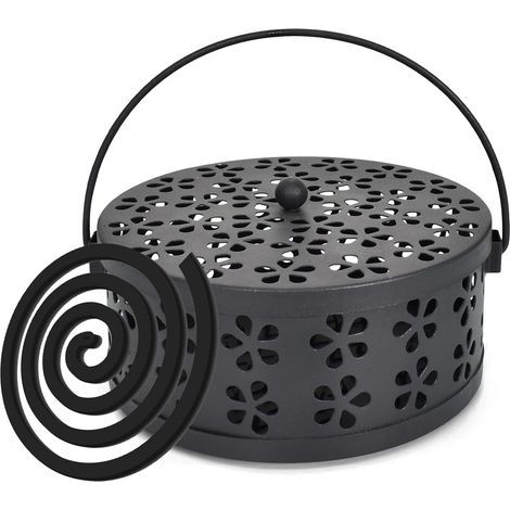 Classic Incense Holder, Mosquito Repellent Coil Holder, Metal Incense Burner, Backflow Incense Burner, Charcoal Stove with Handle and Safety Lid for Home, Camping, and Travel (Black) (1/5)