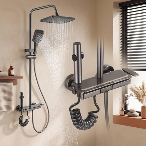 Système de douche avec douche à effet pluie, kit de douche 4 fonctions avec touches de piano, colonne de douche avec pommeau et douchette en ABS, kit complet de douche pour salle de bain (1/5)