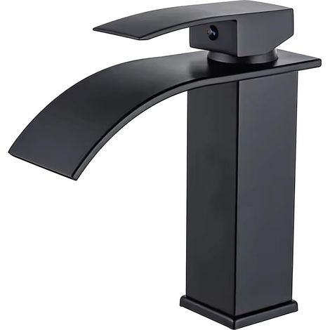 Rubinetto a cascata, rubinetto per lavabo da bagno in acciaio inox nero, finitura lucida, risparmio idrico, montaggio sul piano, 1 foro, 1 leva, cascata, 26 x 21 x 7,3 cm (1/5)