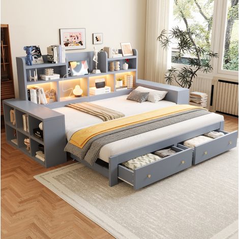 Sofá cama extraíble 90x200 cm de madera gris, con almacenaje para salón, sin colchón FloraGrace (1/5)