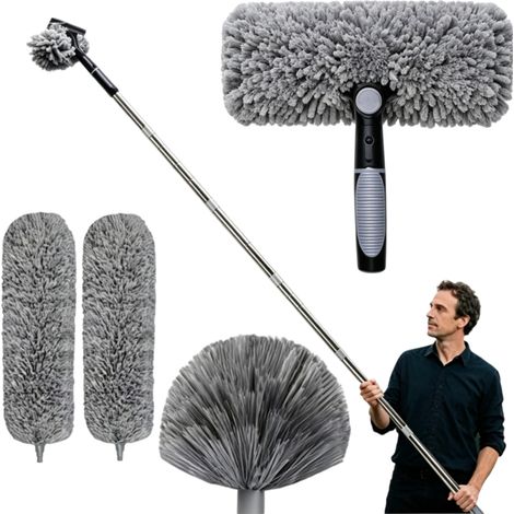 Plumeau Telescopique 6m, Tete De Loup Telescopique avec Extension RéGlable 1.5-6m, Balai AraignéE Tete De Loup Telescopique, Raclette De FenêTre, TêTe De Plumeau en Chenille pour Plafonds, Stores