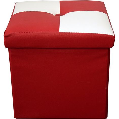 Rebecca Mobili Pouf Coffre de Rangement Carre Synthétique Blanc Rouge 30x30x30