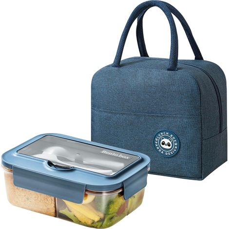 Portapranzo Bento adatto al microonde con borsa termica isolante, capacità 1400 ml, 3 scomparti e posate, ideale per picnic, lavoro, scuola, campeggio e fitness (blu) (1/5)