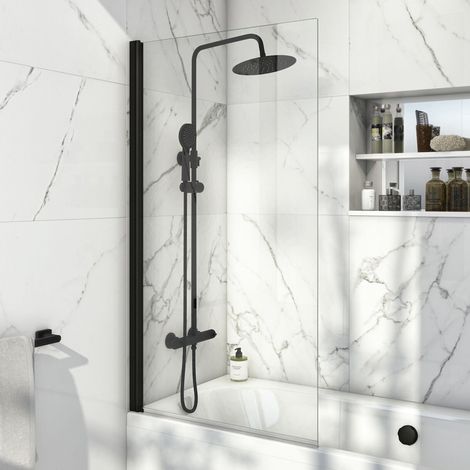 Bath Shower Screen Door Hinged 780mm Frameless Black Clear Safety Glass Panel