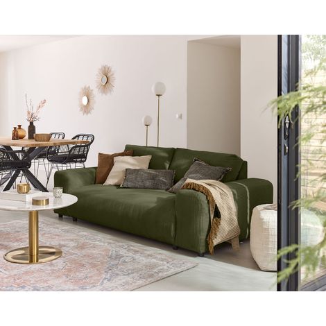 Lisa Design – Canapé droit 3 places en velours côtelé vert – Assise large et profonde – Coussins déhoussables – Structure en bois massif