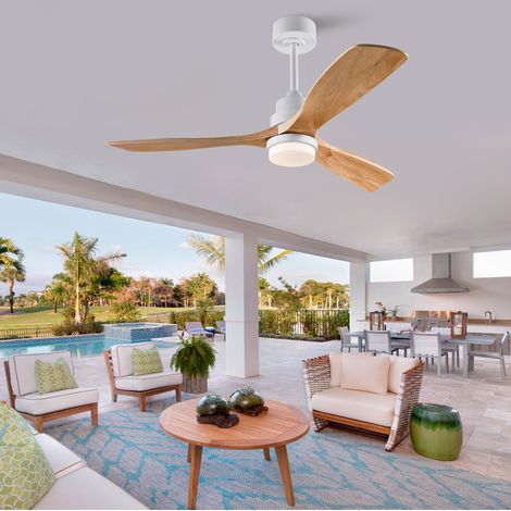 Ventilador de techo con luz 132 cm, mando a distancia, madera natural OKMYHOME (1/5)