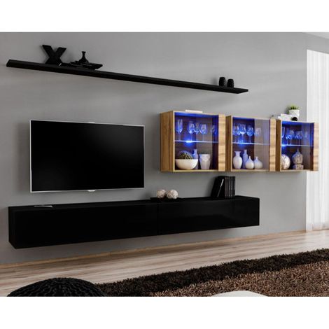 Meuble TV Mural Design "Switch XVII" 340cm Noir & Naturel (1/4)