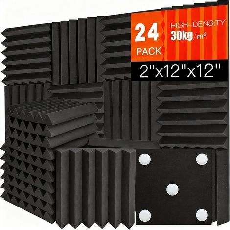 Set of 24 Self-Adhesive Acoustic Panels, Fire-Retardant Polyurethane Foam, Black, 12x12cm (1/5)