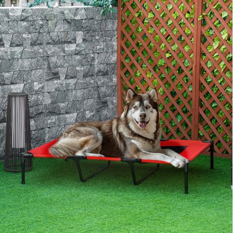Lit surélevé pour grands chiens 122 x 92 x 23 cm, acier et tissu Oxford, rouge, OKMYHOME (1/5)