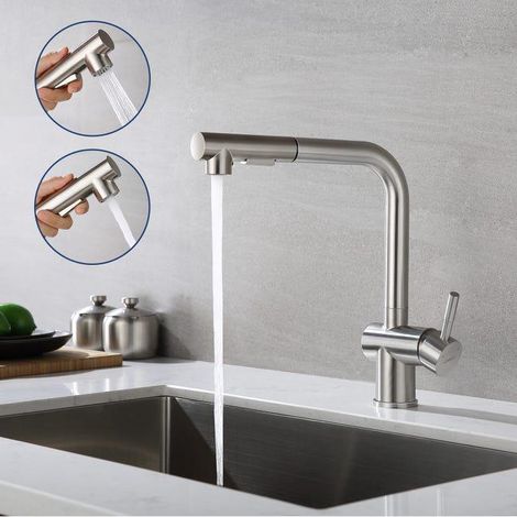 Mitigeur Cuisine avec Douchette Extractible Robinet d'évier à Deux Jets Robinetterie Cuisine en Acier Brossé Pivotant 360°,Barboteur Démotable (1/5)