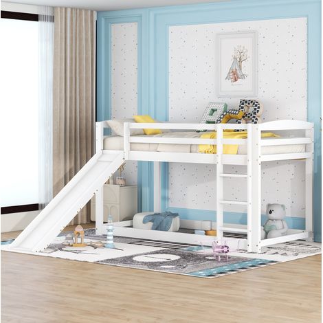 Litera infantil de madera de pino y MDF blanca con tobogán y escalera, 90x200 cm (1/5)