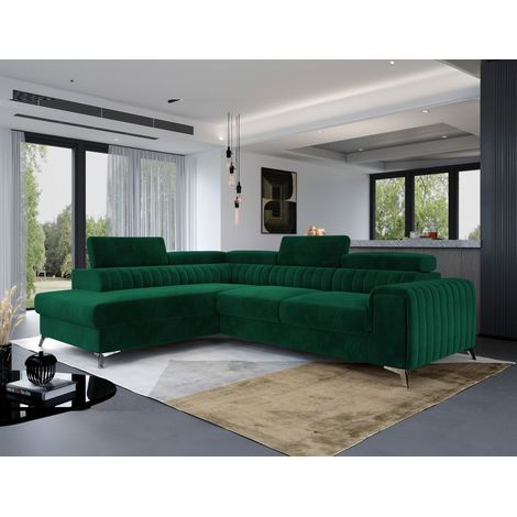 Ecksofa mit Schlaffunktion Sofa ELENI Stoff Kronos Flaschengrün Ottomane Links (1/4)