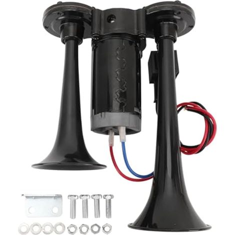 24V 130dB Klaxon pneumatique double trompette son fort noir pour camion 24V, voitures, bateaux, train, fourgon, yacht, moto (1/4)