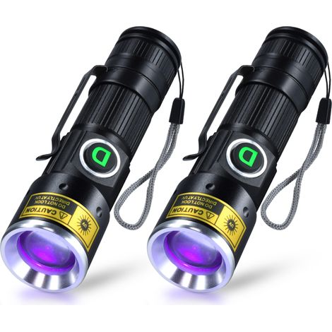 Wiederaufladbare UV-Taschenlampe mit USB-Anschluss, 395 nm, Mini-LED-Taschenlampe mit Zoomfunktion, Fleckendetektor, 2er-Pack [Energieklasse A] (1/5)