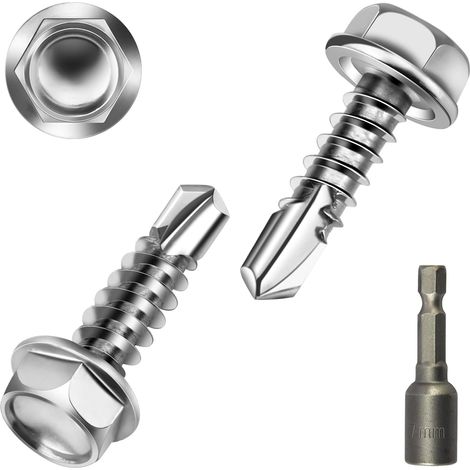 Lot de 50 vis à tôle trapézoïdale à tête hexagonale - 4,2 x 16 mm - En acier inoxydable - Vis autoforeuses pour tôle de toiture, tôle trapézoïdale, acier, bois - Avec 1 clé à douille (1/5)