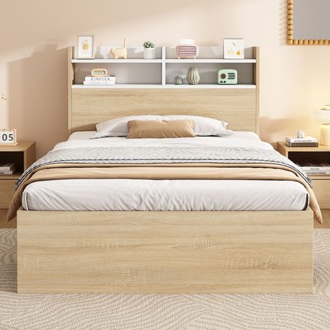 Einzelbett 90x200 cm Weiß/Eiche mit Stauraum-Kopfteil, 2 Schubladen und Matratze LINHOO (1/5)