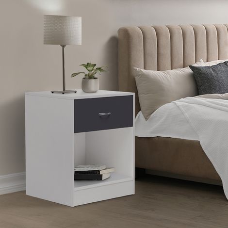 Lote de 2 mesillas de noche OLGA de madera blanca con cajón gris (1/5)