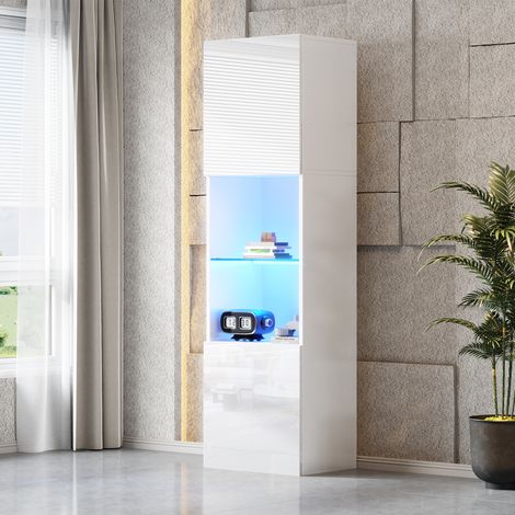 Vitrine blanche haute brillance éclairage LED 1 étagère verre 45x35x160 cm autoportante pour rangement et exposition.