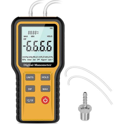 Manomètre, manomètre professionnel, manomètre numérique double port pour systèmes CVC, testeur de pression de gaz, manomètre différentiel à 12 unités sélectionnables (inclus). (1/5)