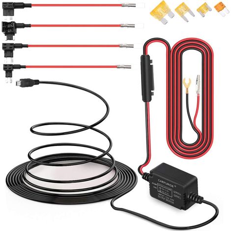1 kit de câblage pour mini-caméra de tableau de bord USB 12 V 30 V à 5 V, avec porte-fusibles et protection basse tension.