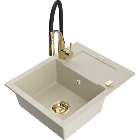 Mexen Enzo évier de cuisine en granit 1 bassin avec égouttoir et robinet Aster, beige - 6506-69-73450-57-G (1/5)