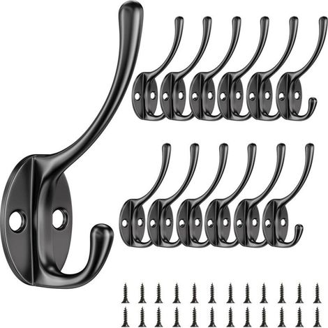 12 Pieces Wall Hooks, Coat Hooks with Screws, Vintage Metal Double Coat Hooks, Lightweight and Practical Coat Hooks, for Bedroom, Wardrobe, Bathroom (Black) (1/5)